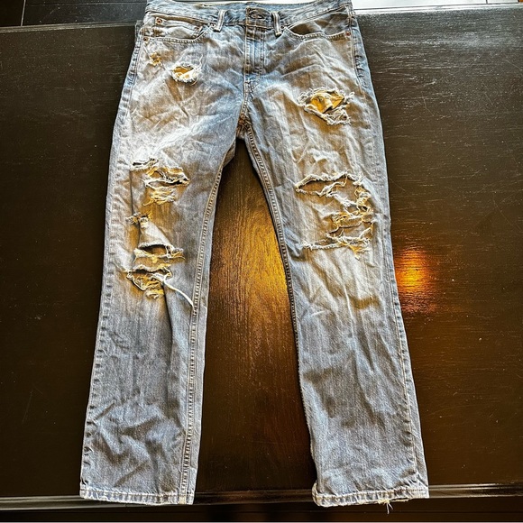 Retro Levi’s 514 34x30 Light Was Denim Jean Destroyed Holes Wide Leg Straight - Picture 1 of 14